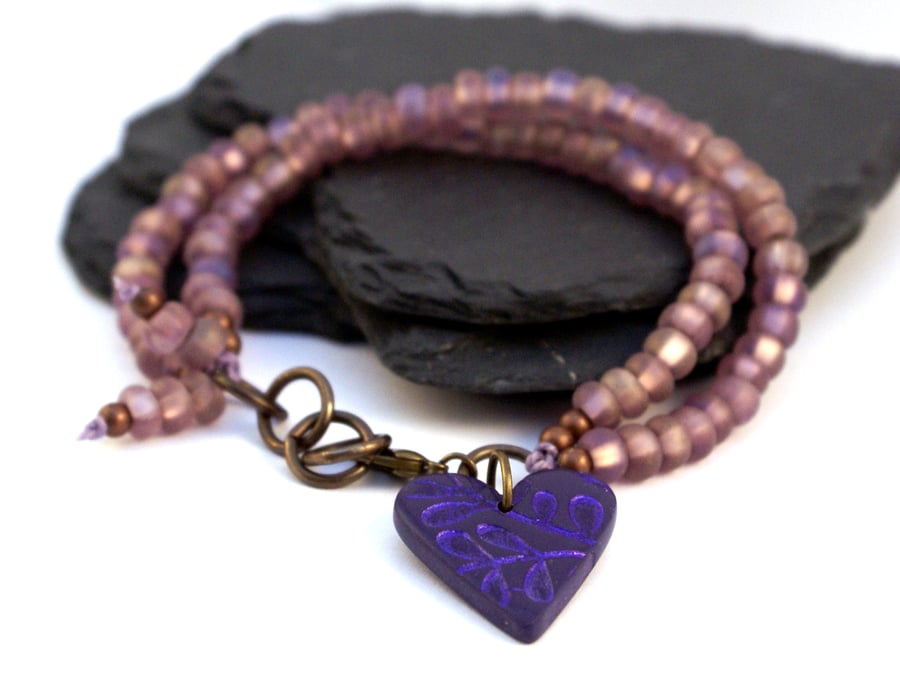 Purple Shimmer - Seed Bead Bracelet with Polymer Clay Heart Charm