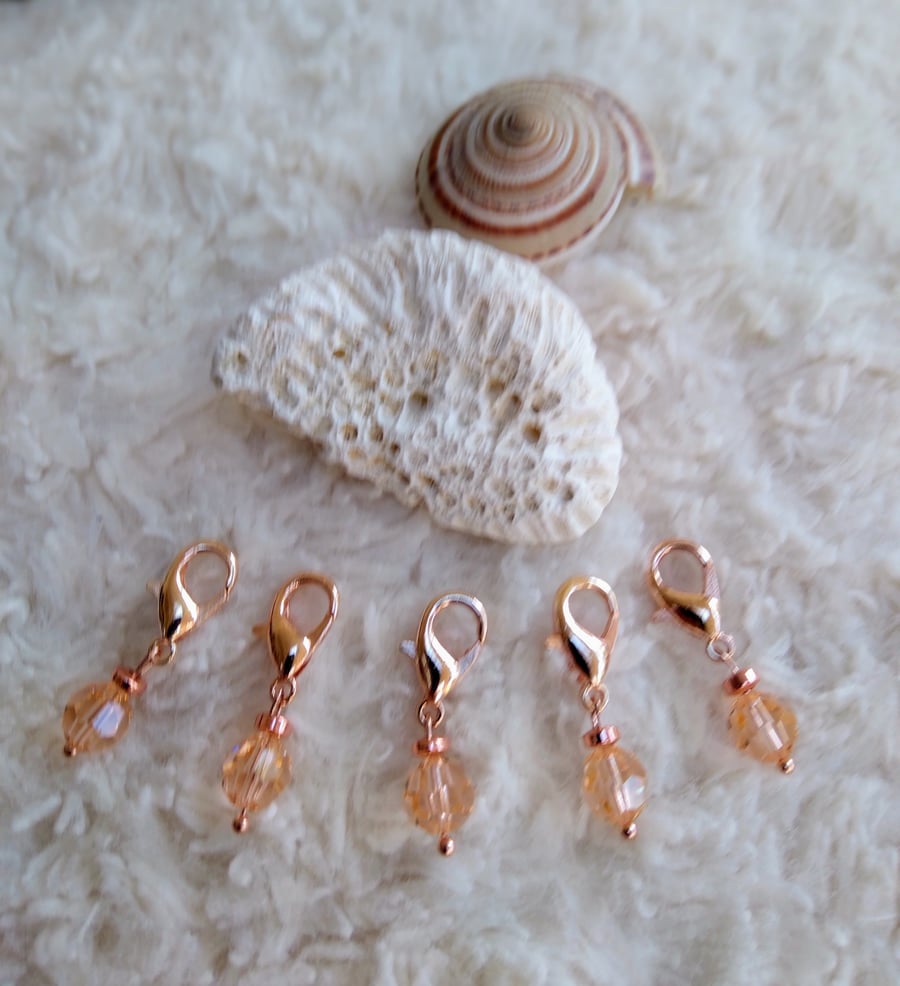 5 Rose-gold pink faceted CZECH glass beaded STITCH MARKERS