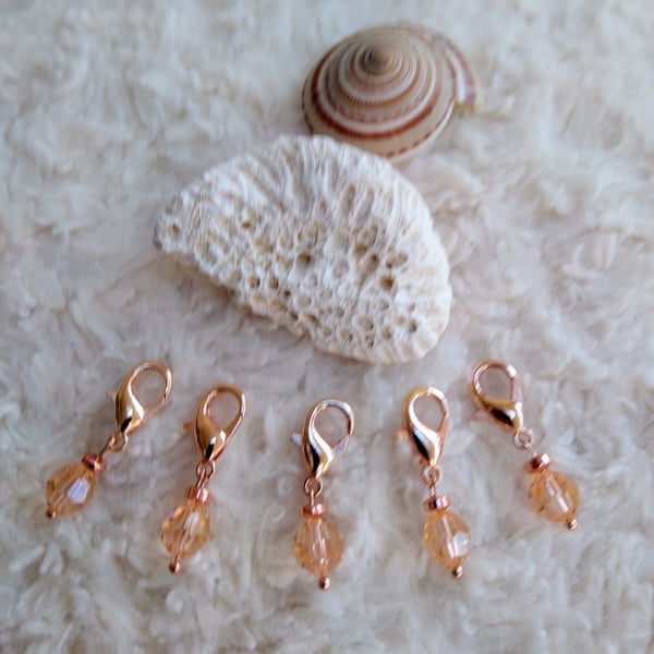 5 Rose-gold pink faceted CZECH glass beaded STITCH MARKERS