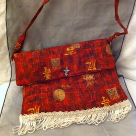  Small red chinese character print bag with white trim