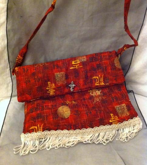  Small red chinese character print bag with white trim