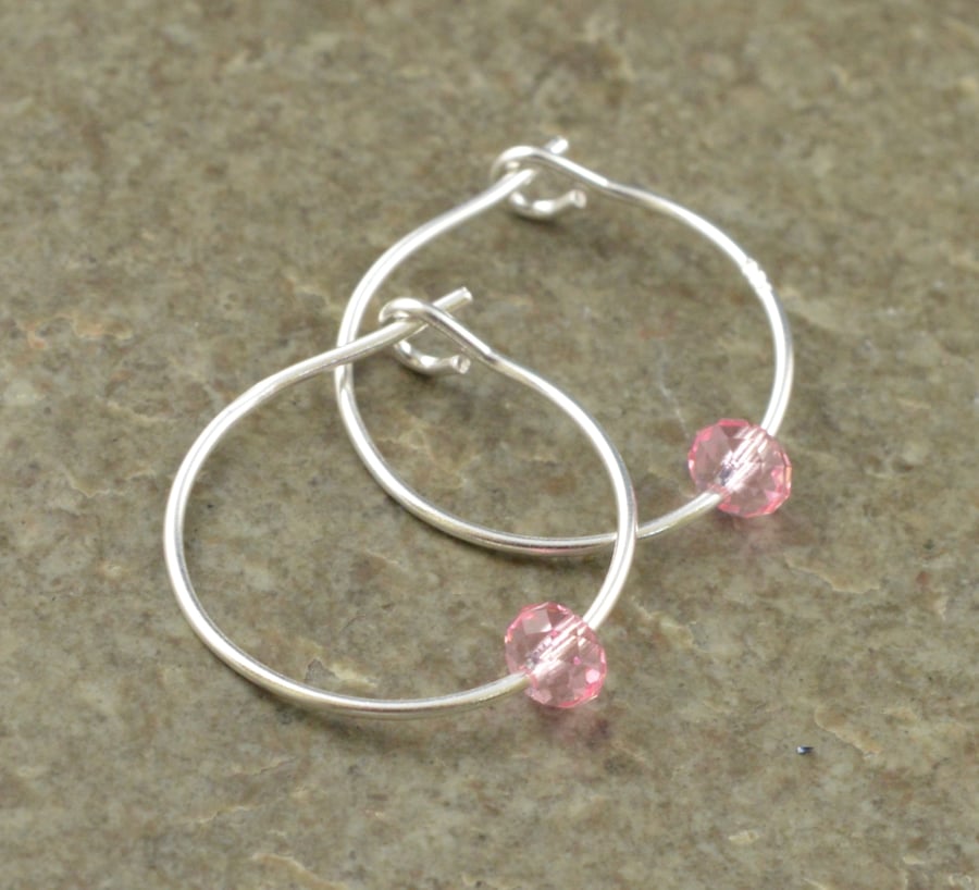 Boho 4mm Pink "Light Rose" Swarovski Crystal 15mm Sterling Silver Hoop Earrings