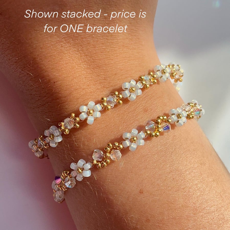 April Birthstone Bracelet - Gold & Opal Daisy Beads (Diamond Inspired)
