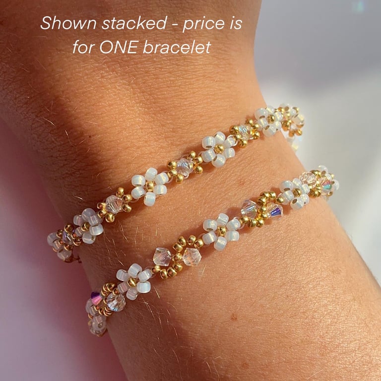 April Birthstone Bracelet - Gold & Opal Daisy Beads (Diamond Inspired)