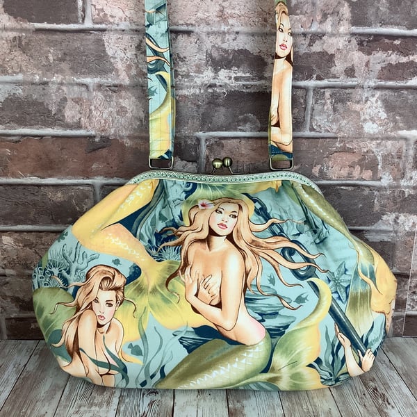 Mermaids Sea Sirens large fabric frame shoulder bag, Kiss clasp with 2 straps