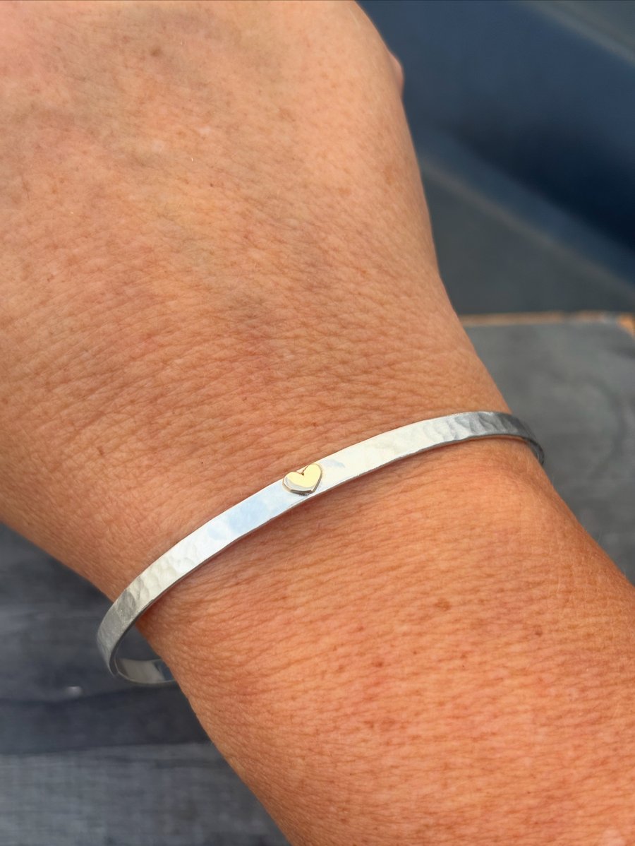Gold Heart Bangle, hammered silver bangle, silver and gold bangle, valentines , 