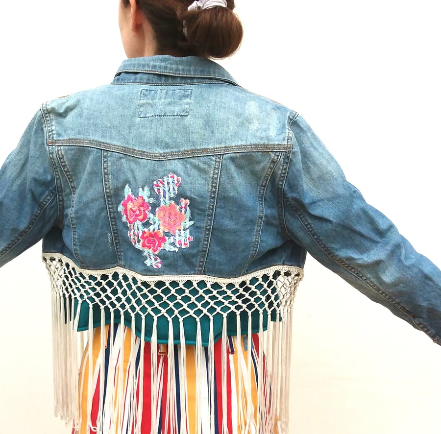 Upcycled denim jacket - tassels and flowers