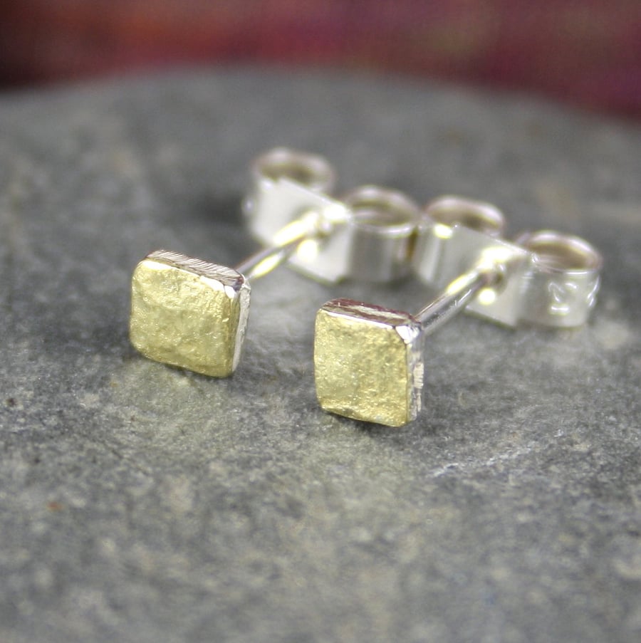Tiny  square stud earrings gold and silver