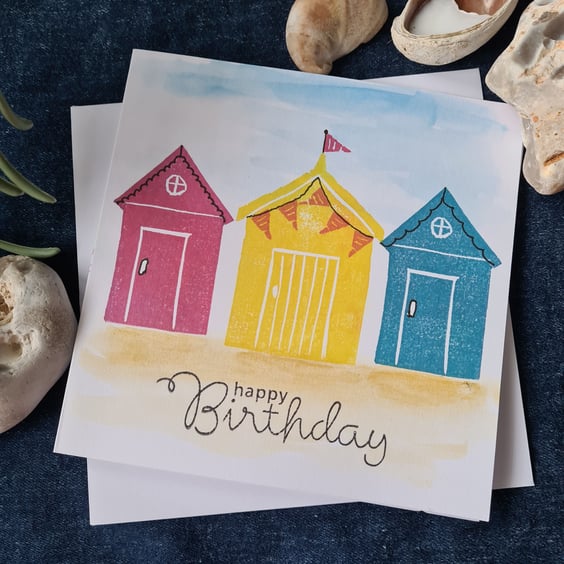 Beach hut birthday card handprinted