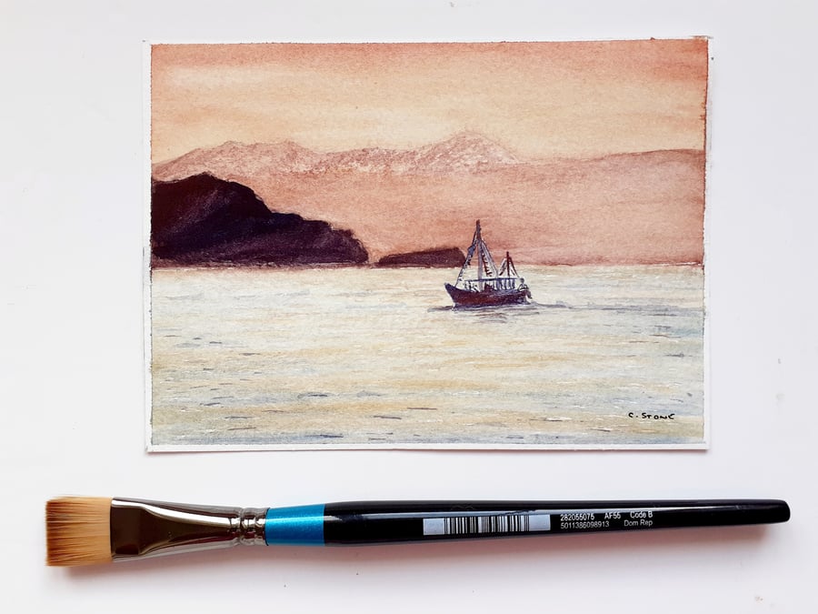 Small original watercolour painting, Chania, Crete at Twilight