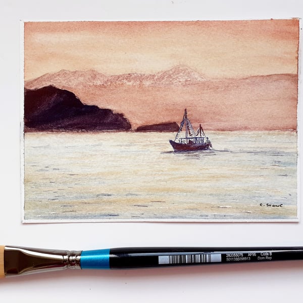 Small original watercolour painting, Chania, Crete at Twilight