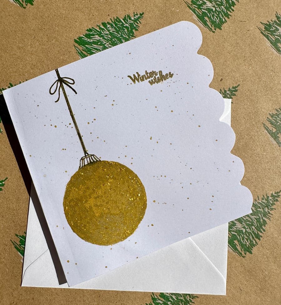 Golden sparkly bauble Christmas card, hand painted watercolour glitter unique