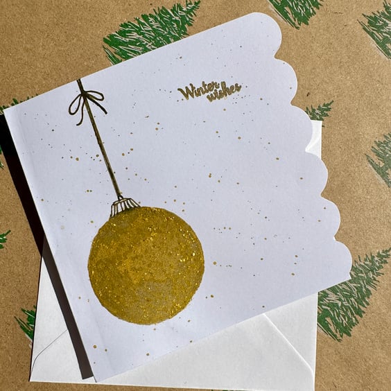 Golden sparkly bauble Christmas card, hand painted watercolour glitter unique