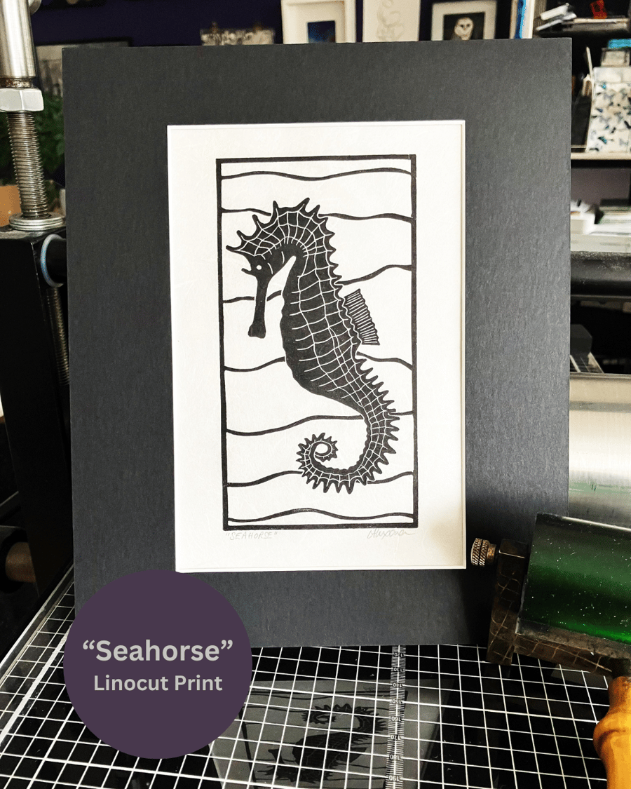 Lino Print - Seahorse - Sea Print - Hand Printed