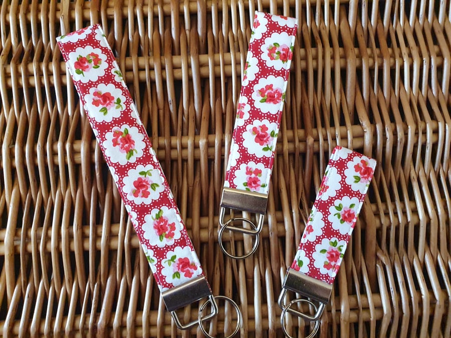 Red Floral Fabric Keyring Fob Wristlet