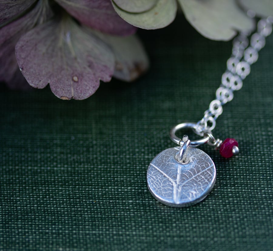 Silver Circle Birthstone Leaf Pendant, silver pendant with semi-precious beads