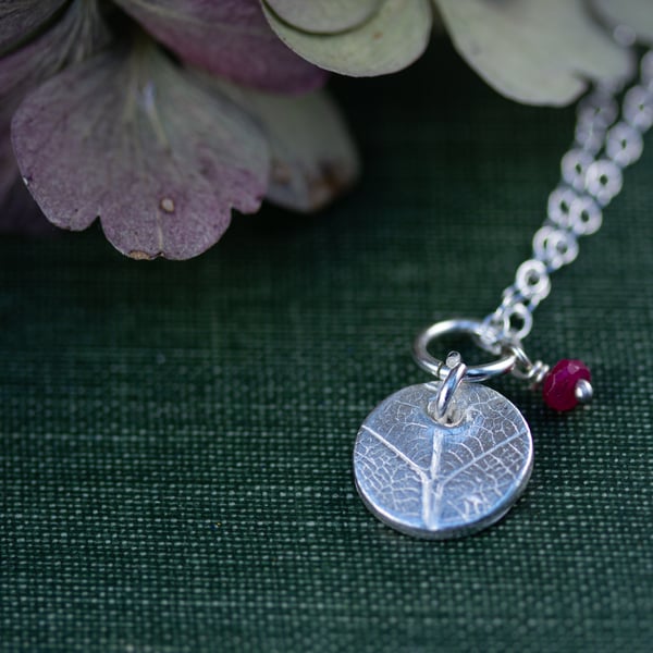 Silver Circle Birthstone Leaf Pendant, silver pendant with semi-precious beads