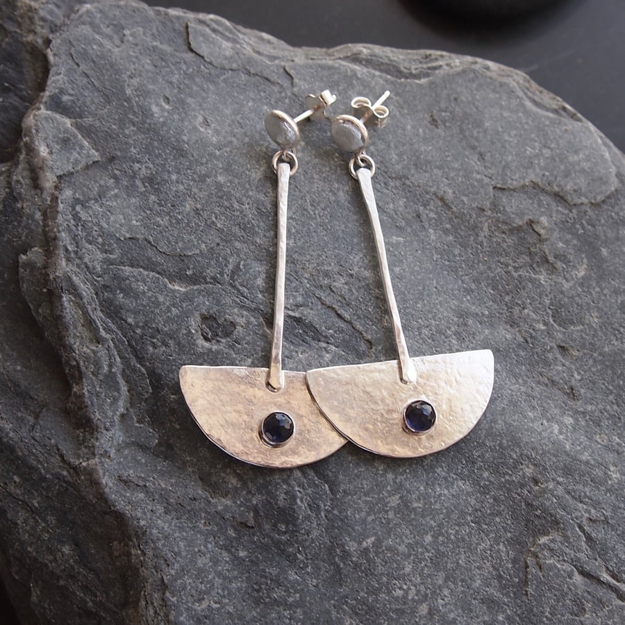 Sterling Silver Semi Circle Dangle Earrings with Iolite
