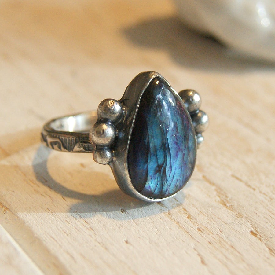 Labradorite Silver Ring, Rustic Jewellery, Boho Ring