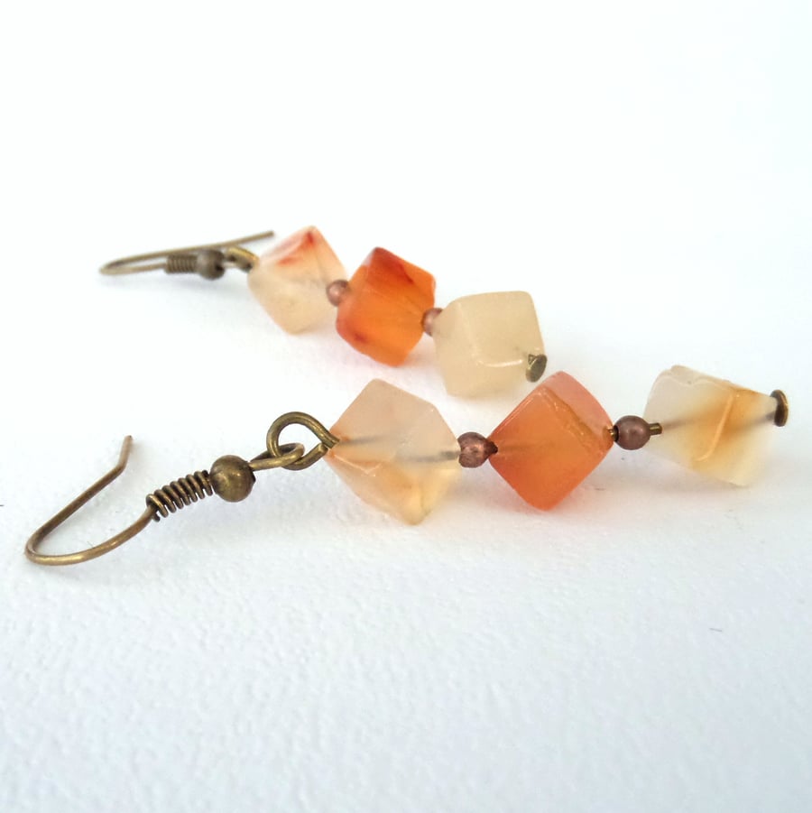 Handmade gemstone earrings, with carnelian cubes