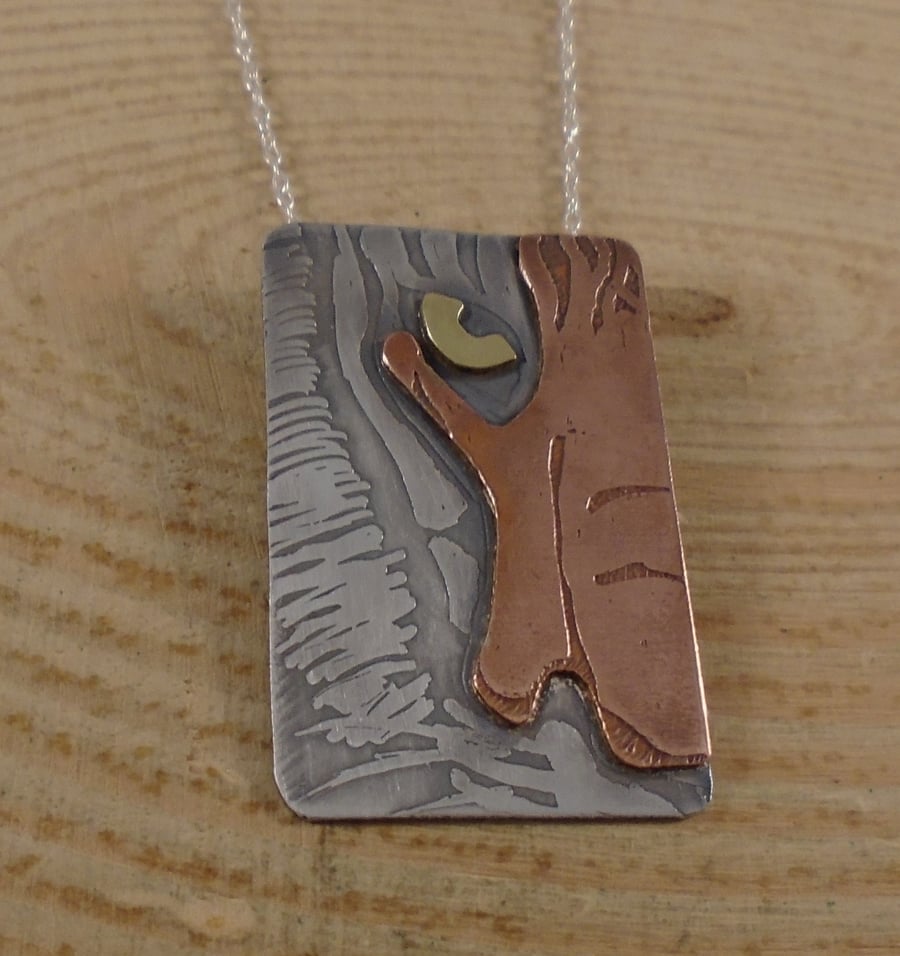 Sterling Silver, Copper and Brass Half Tiger Face Necklace