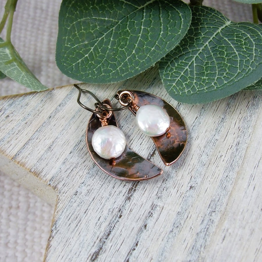 Moon Earrings, Copper and Pearl Droppers with Niobium Ear Wires