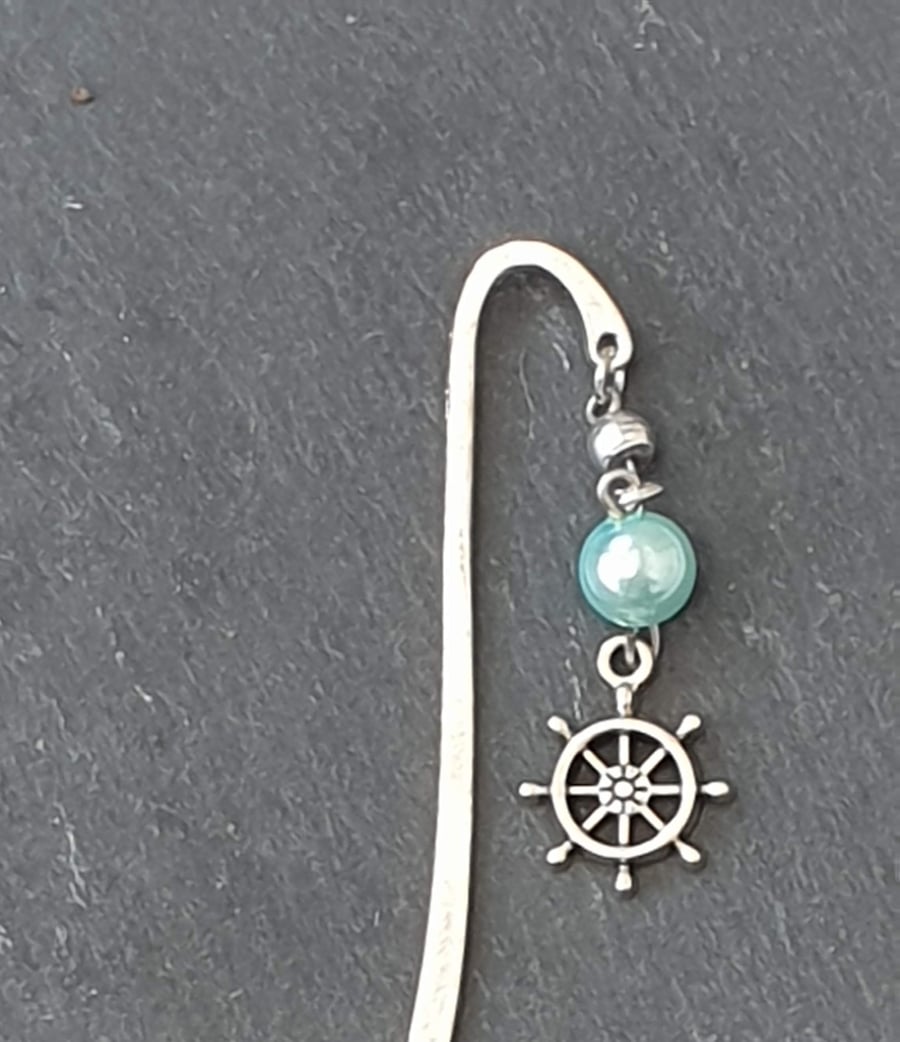 Silver-Plated Bookmark with Upcycled Beads and Ships Wheel Charm