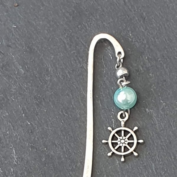 Silver-Plated Bookmark with Upcycled Beads and Ships Wheel Charm