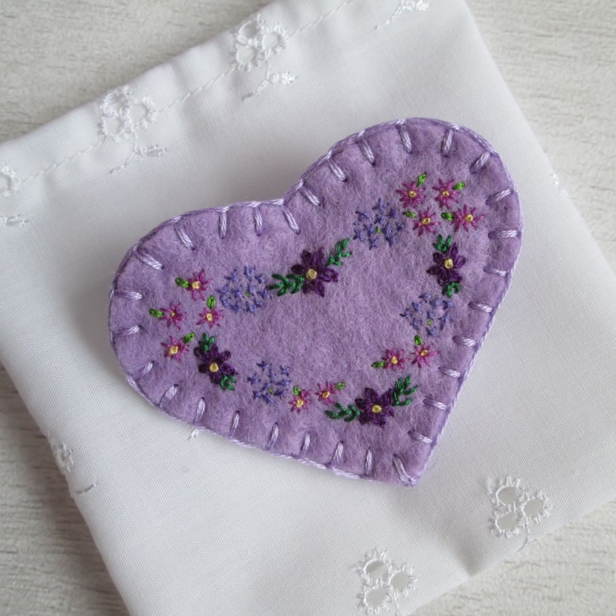 Hand Embroidered Floral Heart Brooch on Lilac Wool Felt