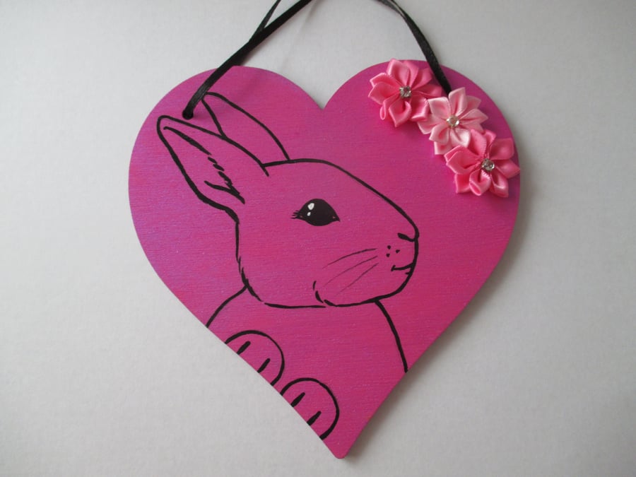 SALE Bunny Rabbit Wooden Hanging Heart Decoration Painting Flower Picture