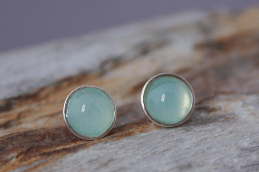 Sterling Silver Sea Blue Agate Stud Earrings 6mm