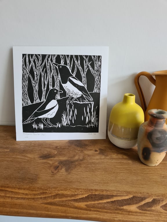 Magpies original art linoprint handprinted 21x21cm size