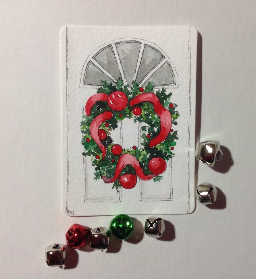 Christmas Wreath original watercolour ACEO