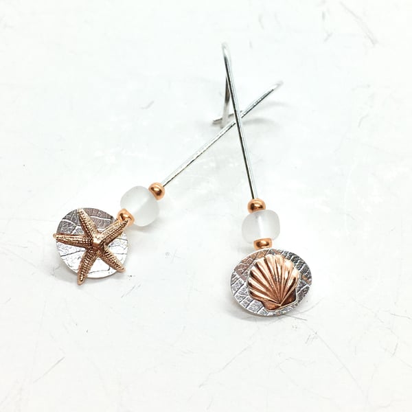 Mismatched Silver Starfish Sea Shell Threader Earrings with Brown Glass Beads
