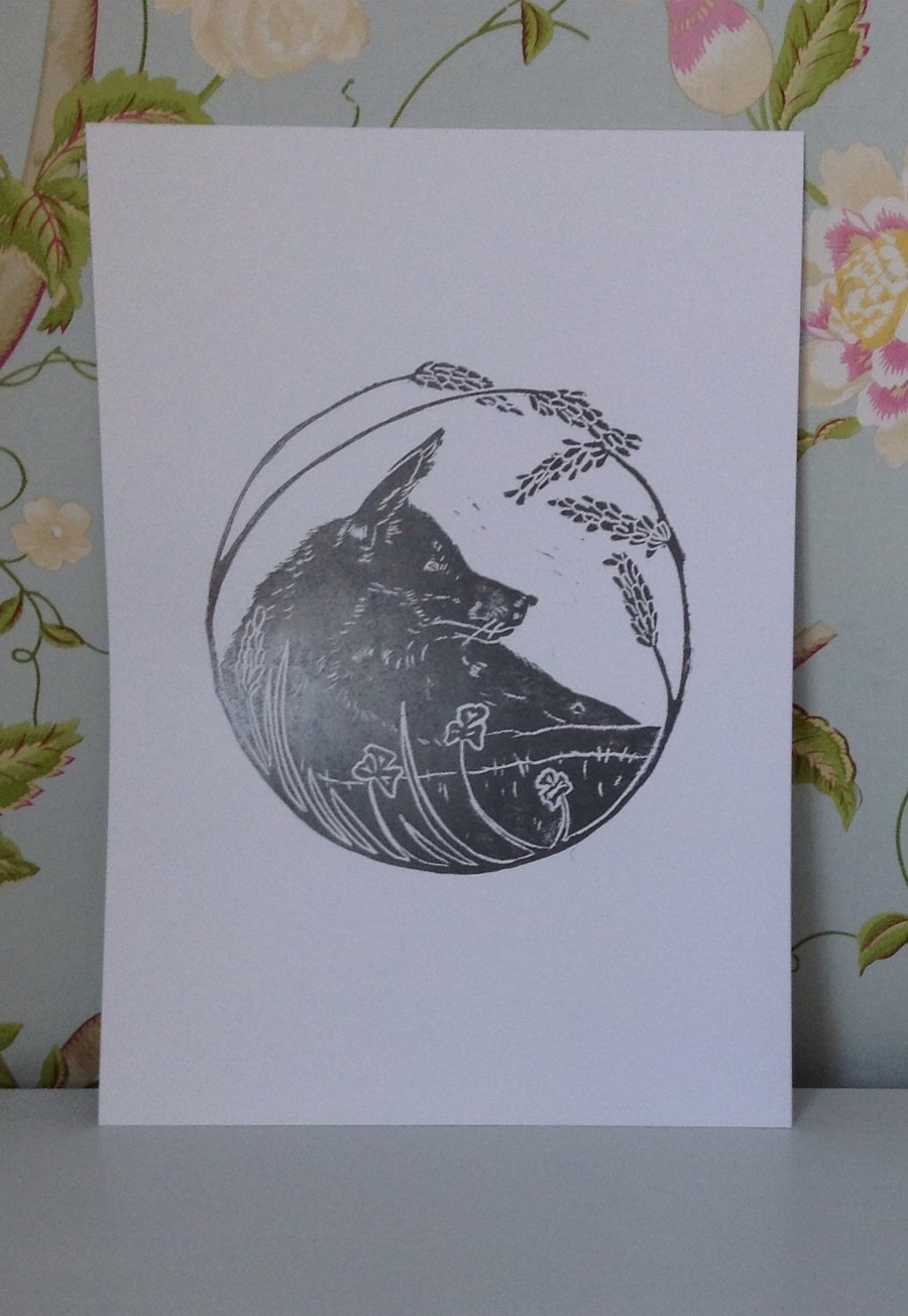 Fox in the Forest linocut original print, soulful grey