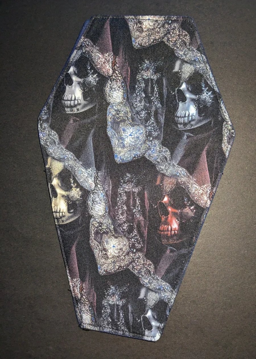 Gothic Skull Coffin Makeup Bag – Dark Occult Cosmetics Pouch – Handmade Magnetic