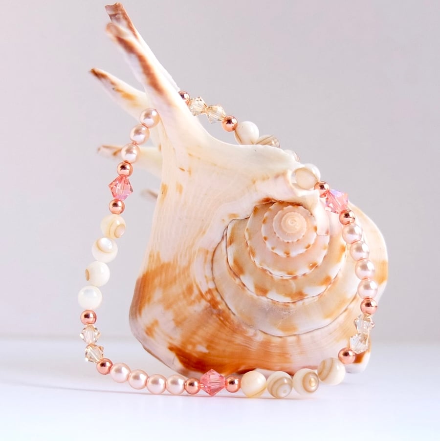  Swarovski Crystal, Pale Pink Czech Glass Pearl and Cream Shell Bracelet.