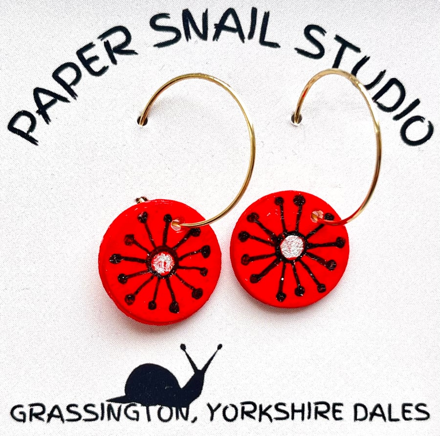 Circular, 15mm in diameter, Hand-painted Paper Earrings