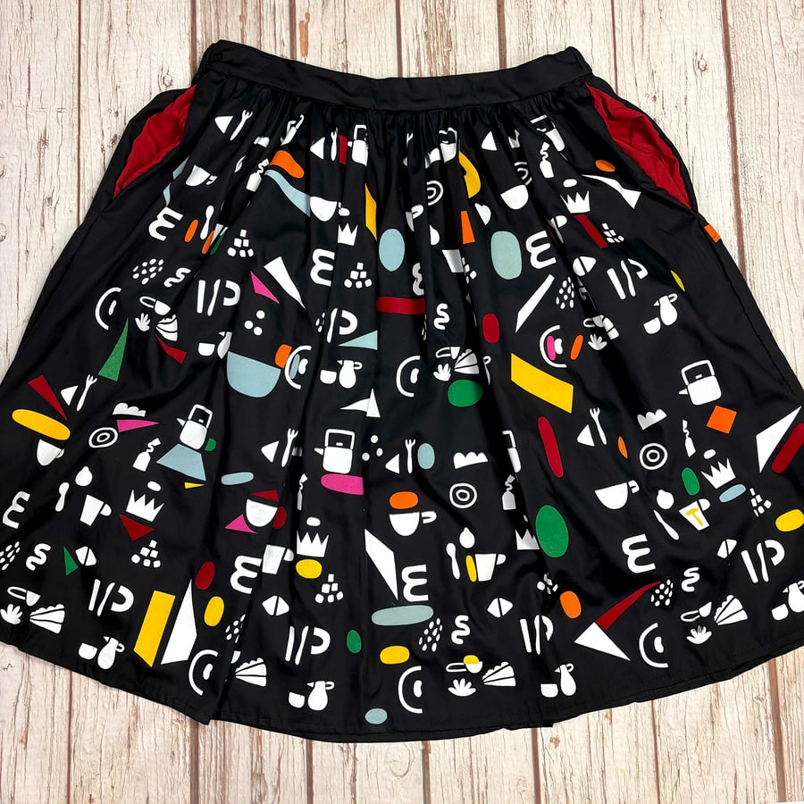Black 'Tea at Eleven' Print Cotton Midi Skirt with Pockets 1980's
