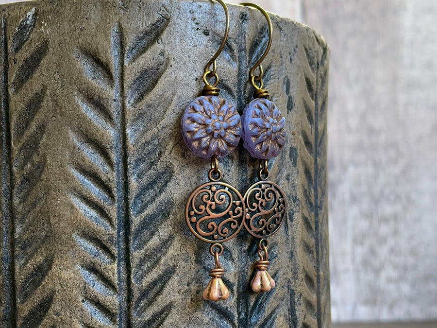 Czech Glass Flower Earrings. Purple Dahlia Flower Earrings. Bohemian Earrings