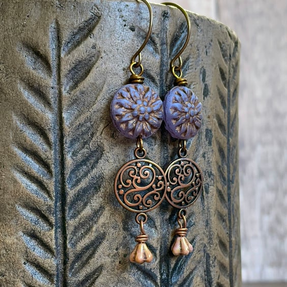 Czech Glass Flower Earrings. Purple Dahlia Flower Earrings. Bohemian Earrings