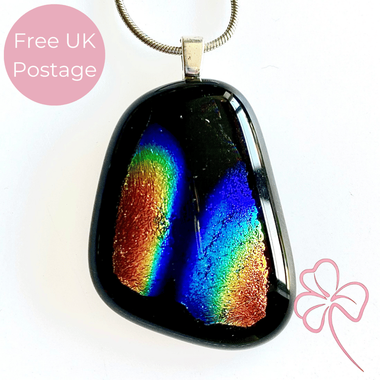 Dichroic Rainbow Glass Black Pendant Necklace 