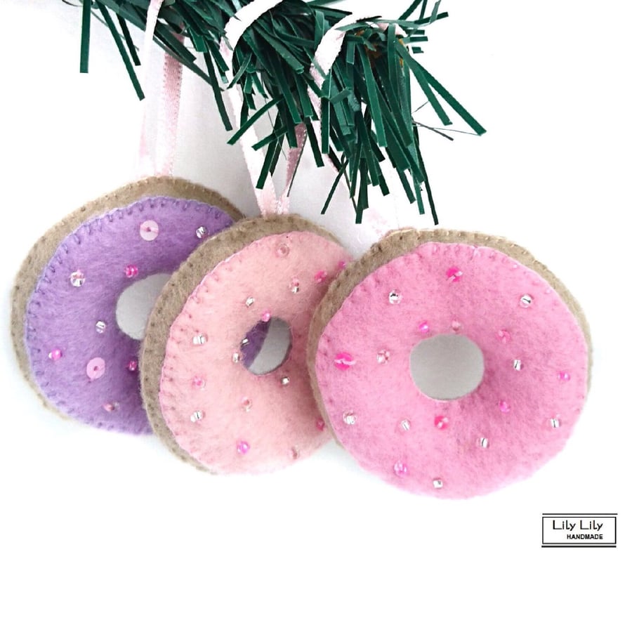 Set of 3 hanging iced doughnut Christmas decorations