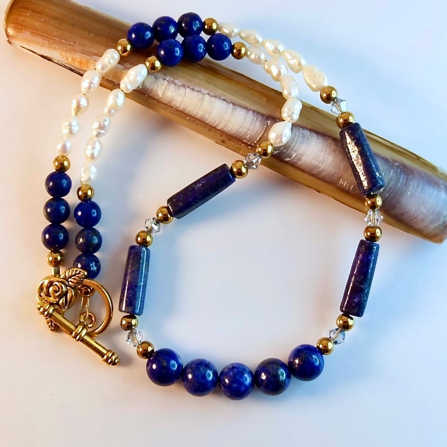 Lapis Lazuli, Freshwater Pearl & Swarovski Crystal Necklace  - Handmade In Devon