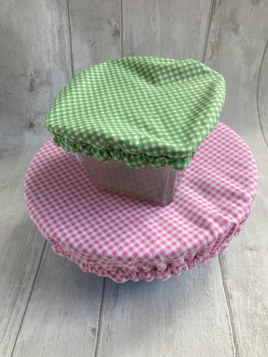 Reusable bowl covers - set of two, large and small. Pastel gingham check.