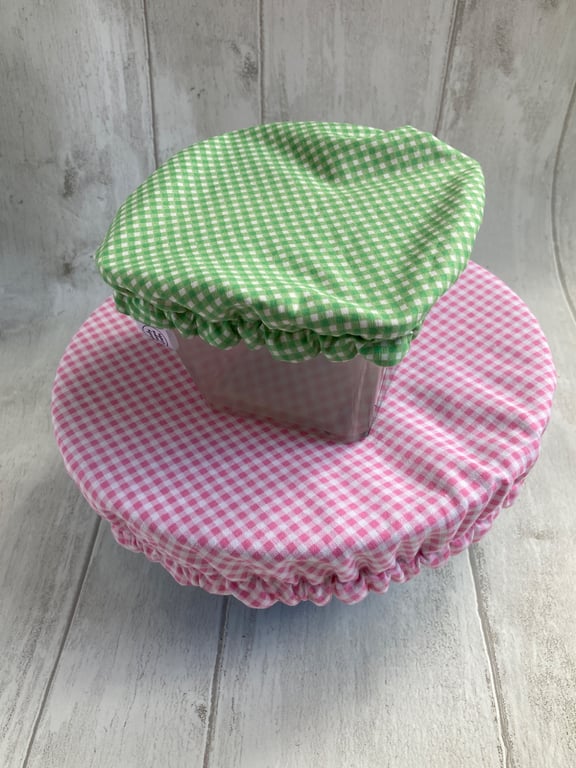 Reusable bowl covers - set of two, large and small. Pastel gingham check.