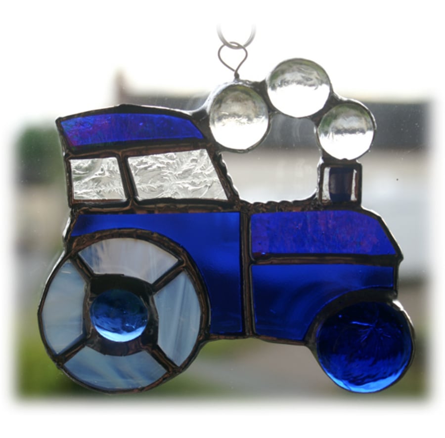 Tractor Suncatcher Stained Glass  Blue Handmade 035