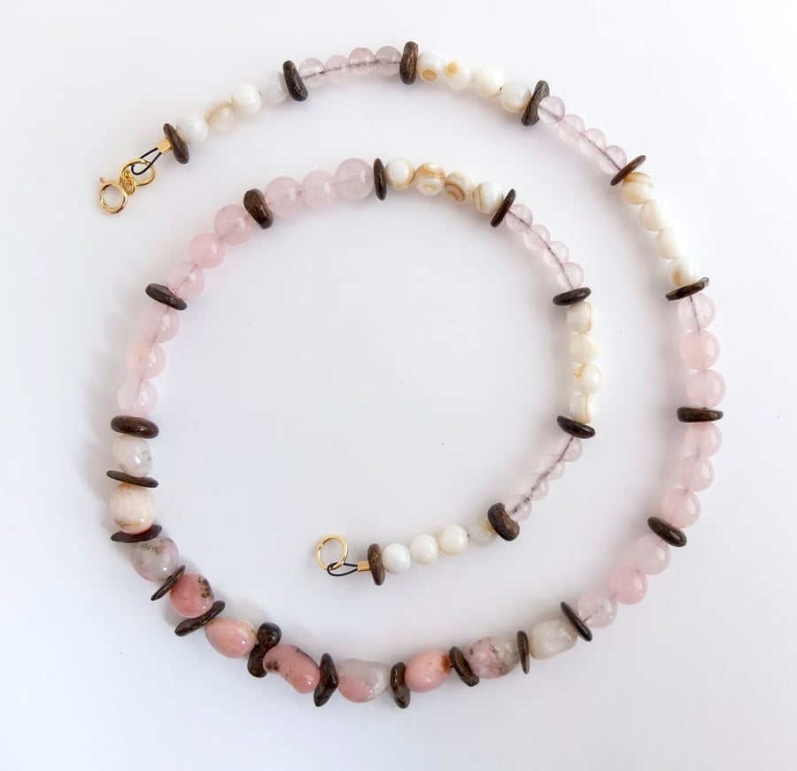 Pink Opal, Rose Quartz, Bronzite and Shell Necklace - Handmade In Devon.