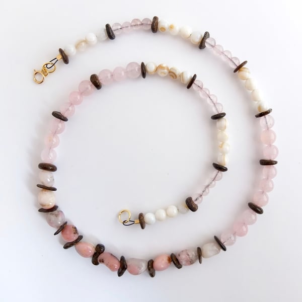 Pink Opal, Rose Quartz, Bronzite and Shell Necklace - Handmade In Devon.