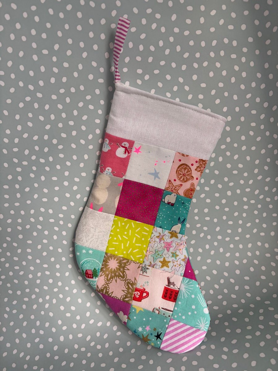 Christmas stocking - patchwork print pinks aqua 